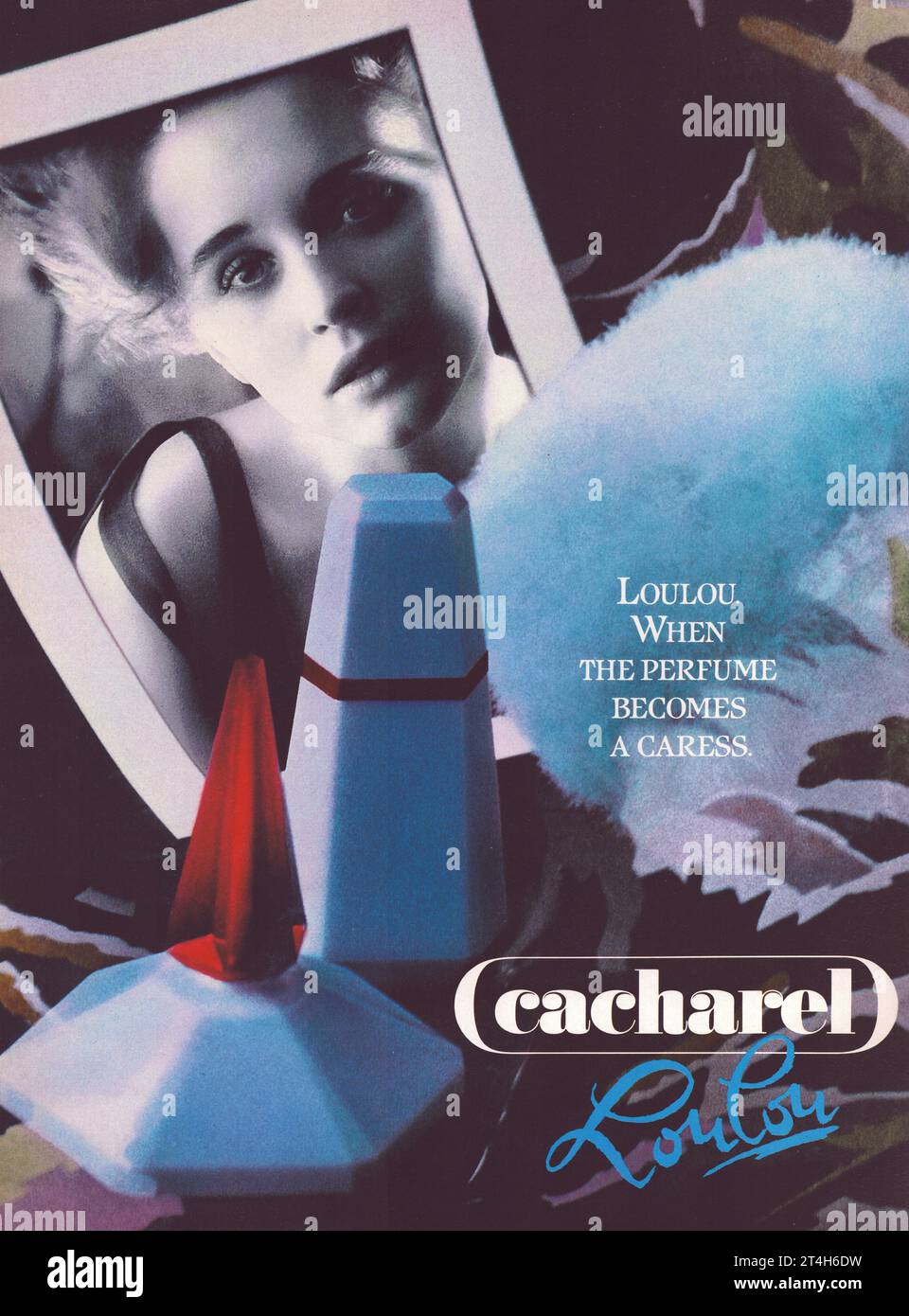 Cacharel Loulou Perfume Advertising poster Cacharel commercial  When the perfume becomes a caress. Cacharel Loulou blue perfume bottle Stock Photo