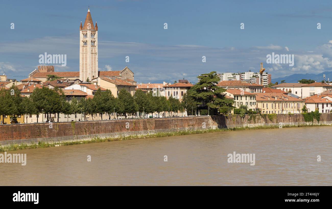View towards the Basilica of San Zeno from the Castelvecchio Bridge in Verona, Italy. Stock Photo