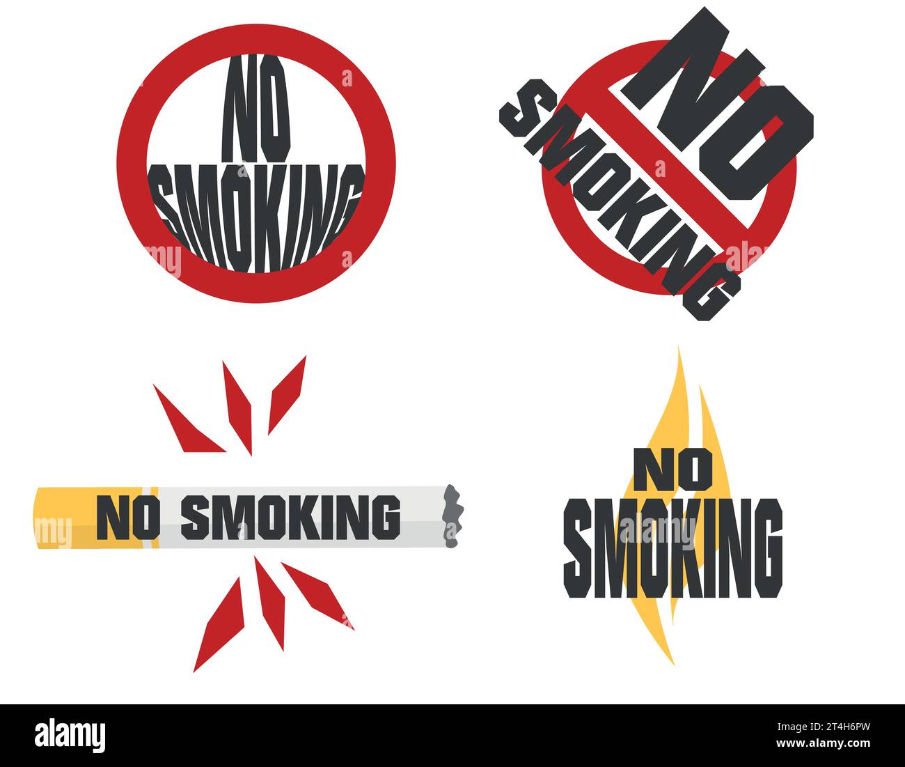 set lettering prohibition of smoking, no smoking, cigarette prohibition sign, broken cigarette, harm to health Stock Vector
