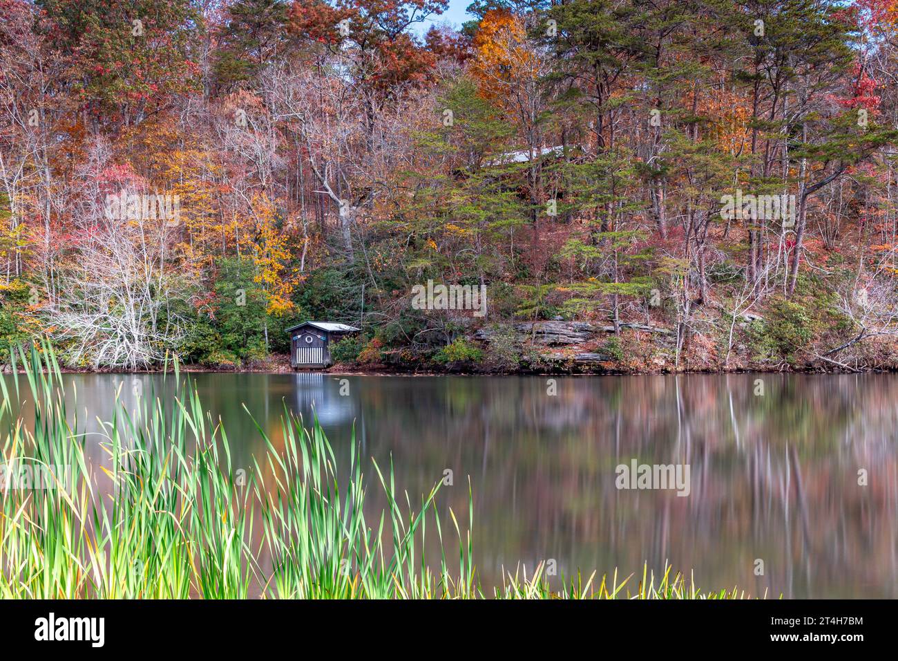 Gray boat house on Desoto State Park Lake in the fall. Near Mentone, AL Stock Photo Alamy