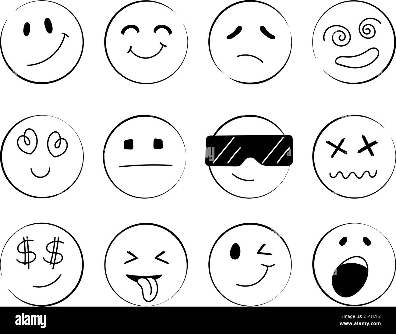 Doodle Emoji Face Icons Set. Round faces. Emoji with different emotional moods, happy, sad, smiling face. Comic book vector illustration. Stock Vector