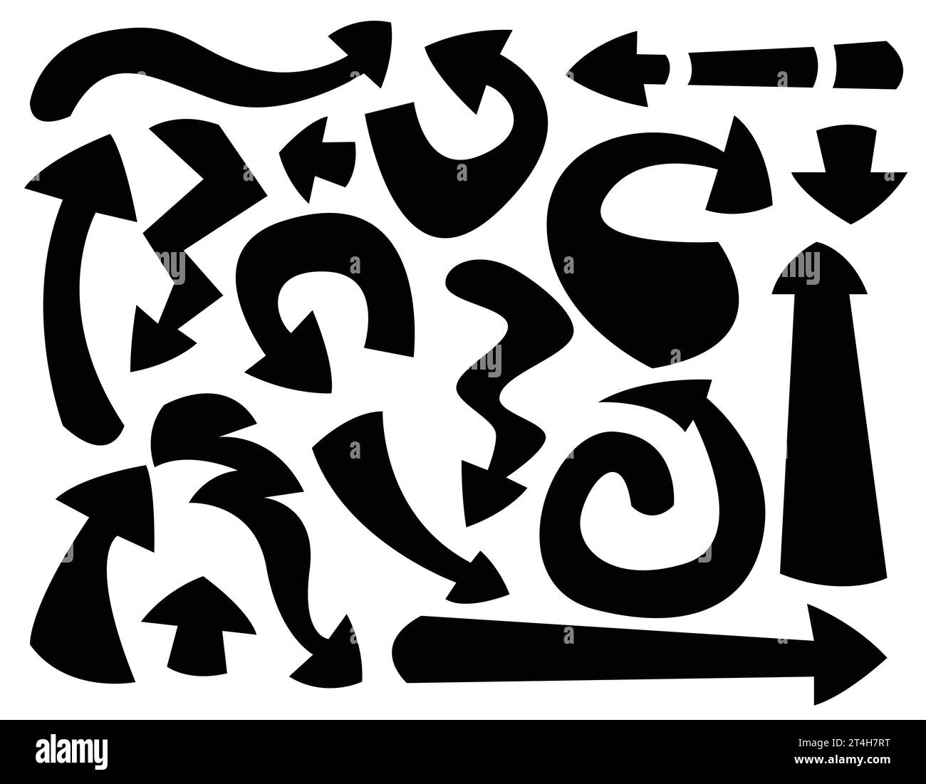 black thick vector arrows, , zigzags and lines, on a white background Stock Vector