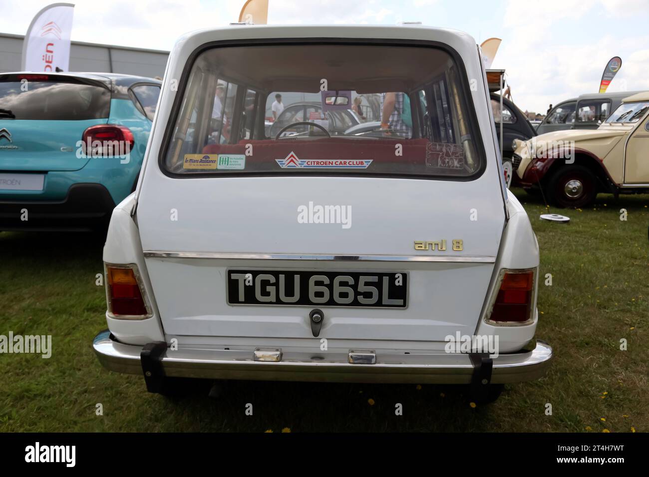 Rear View of a White, 1972, Citroen Ami 8, on display at the 2023 British Motor Show, Farnborough Stock Photo