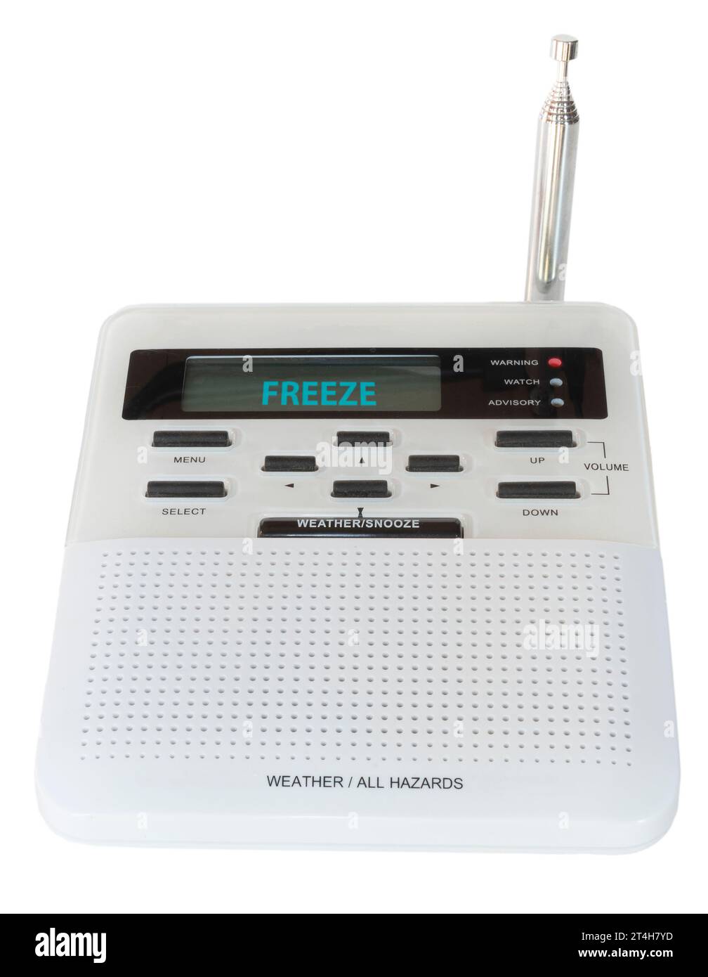 High tech weather radio that has sounded an alarm and it now showing a freeze warning for the immediate area. Stock Photo