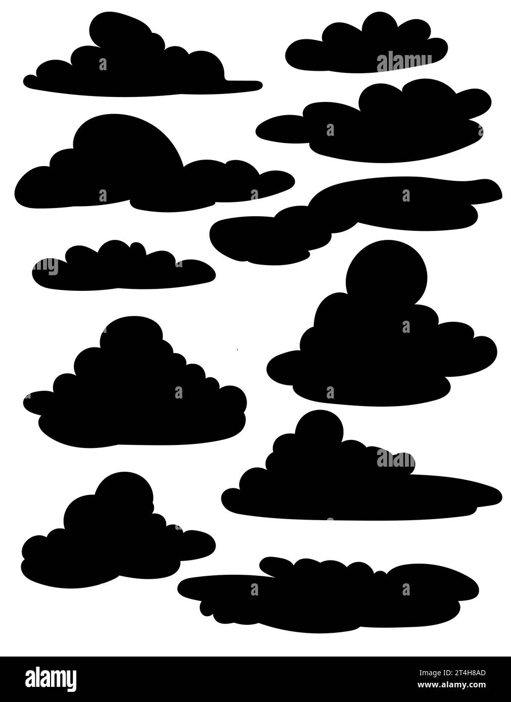 Set of different black clouds silhouettes on white background. Vector illustration for books