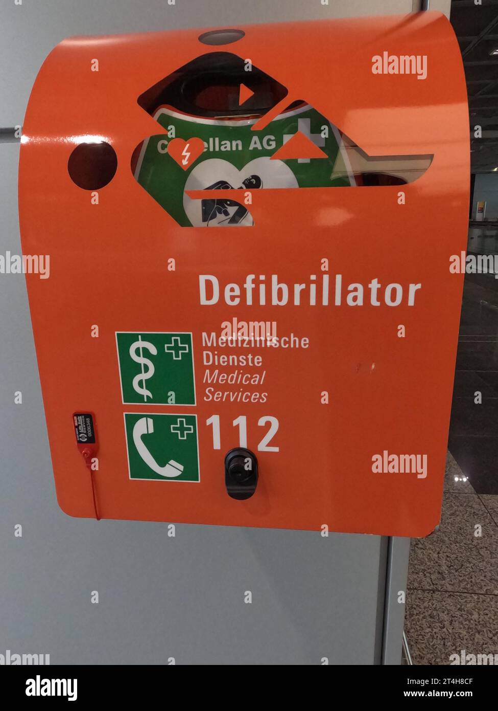 Automated External Defibrillator (AED) in white box on the wall Is an