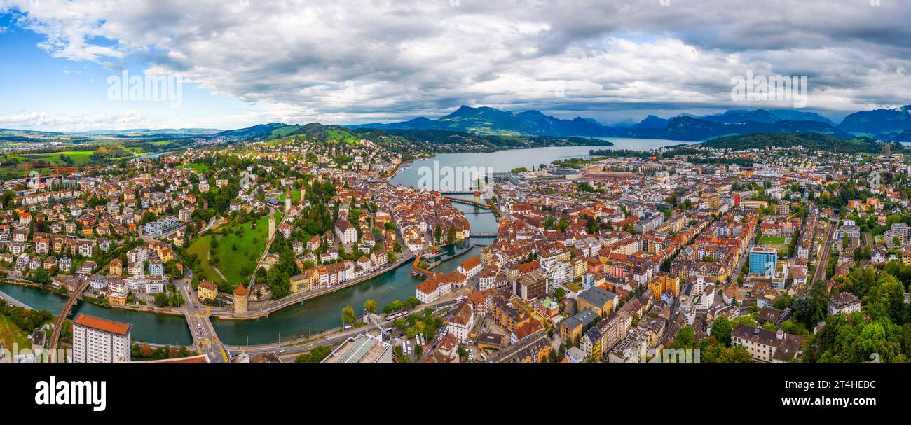 Lucern, Switzerland aerial panorama view over the Ruess River. Stock Photo
