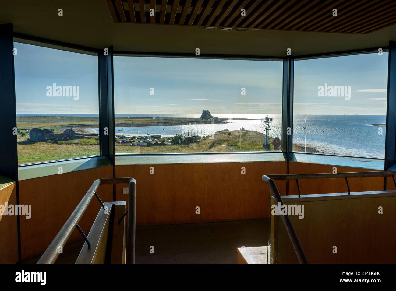 Lindisfarne Castle from the former coastguard observation tower (now open to the public) on the Heugh, Holy Island, Northumberland, England, UK Stock Photo