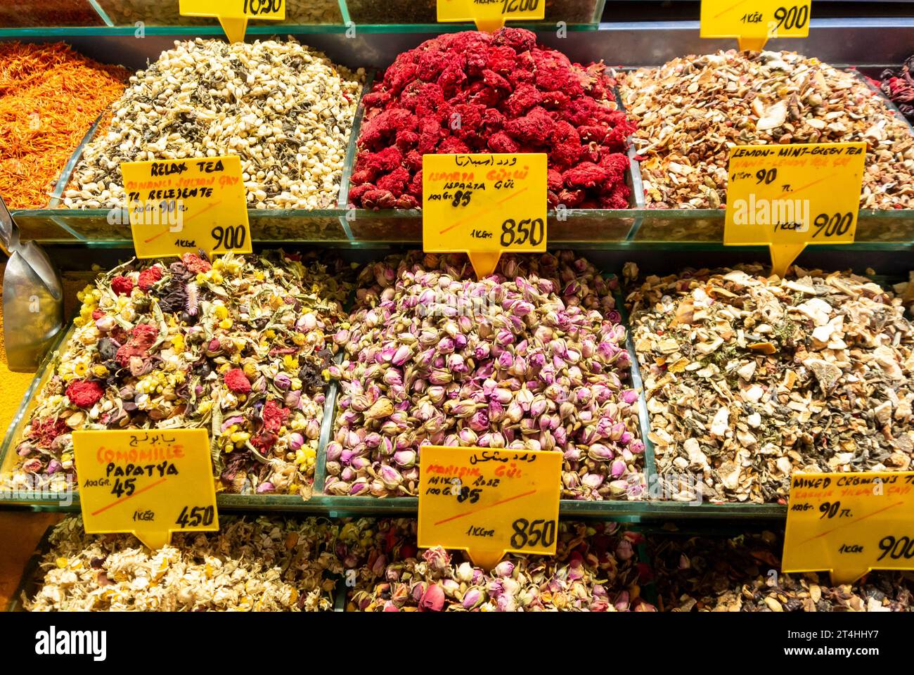 A variety of spices at Spice Bazaar (Turkish: Mısır Çarşısı, meaning 'Egyptian Bazaar') Stock Photo