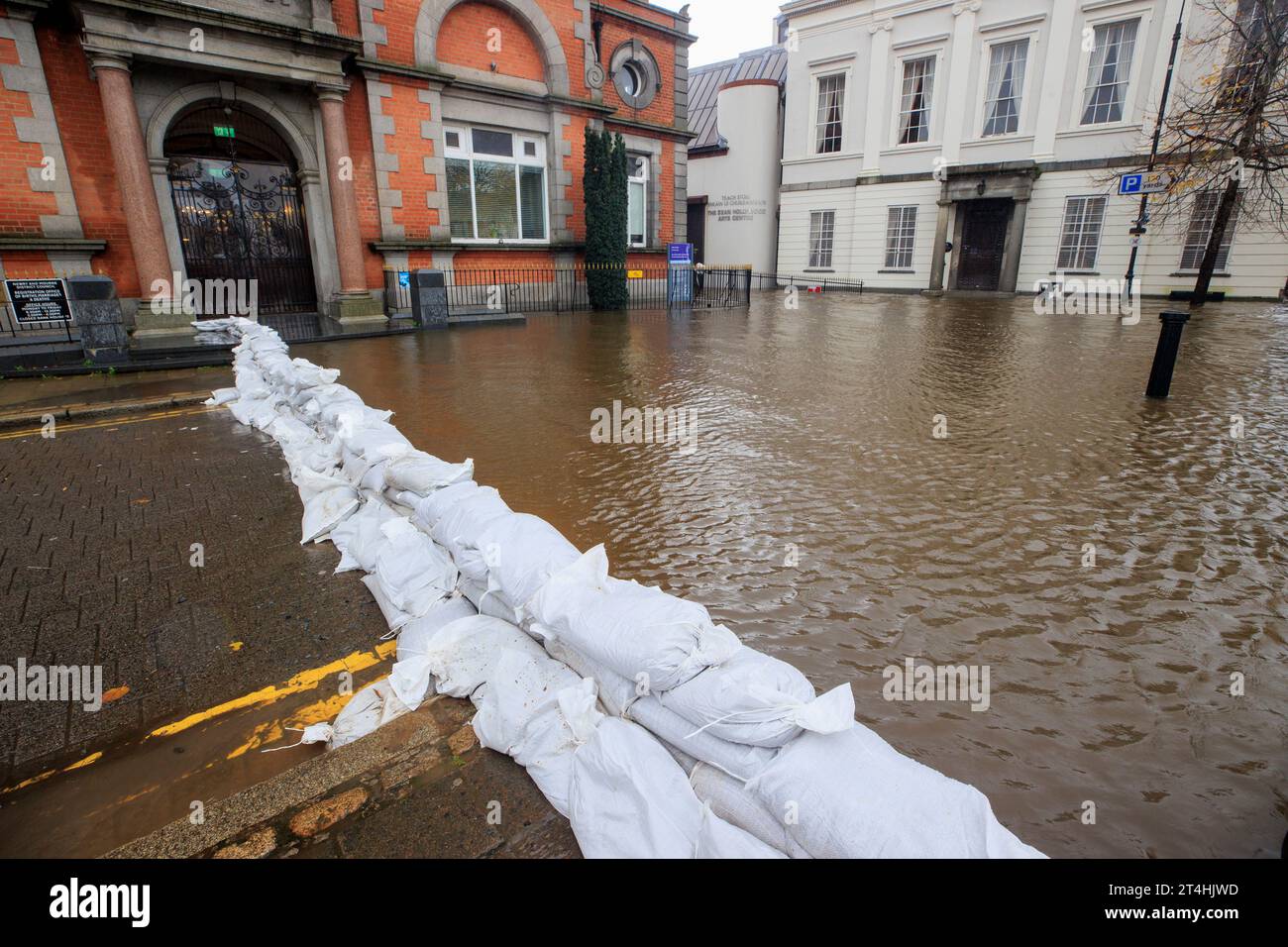Sand bags hold back flooded water at Bank Parade in Newry Town, Co Down