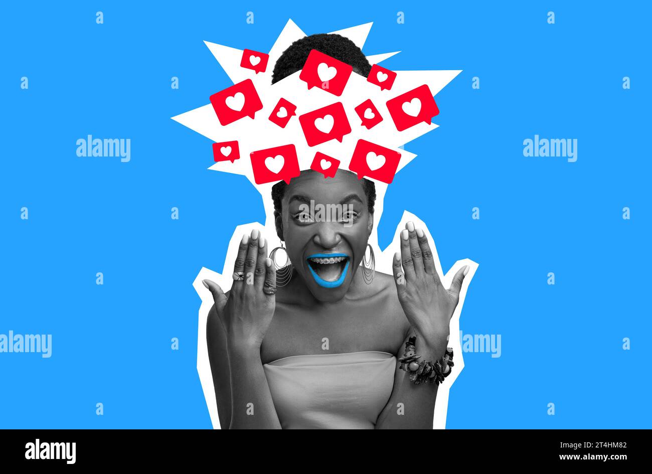 Emotional African Lady With Head Exploded With Likes Icons, Collage ...