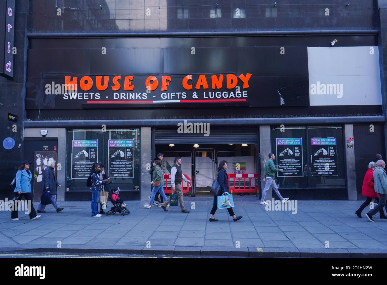 London, UK. 31 October 2023.  Posters announce the return HMV flagship Store in  Oxford Street which will replace the American Candy store on the  original site.  HMV was bought by Sunrise Records which  will open in time for Christmas with fresh branding and a new layout .Credit amer ghazzal/Alamy Live News Stock Photo