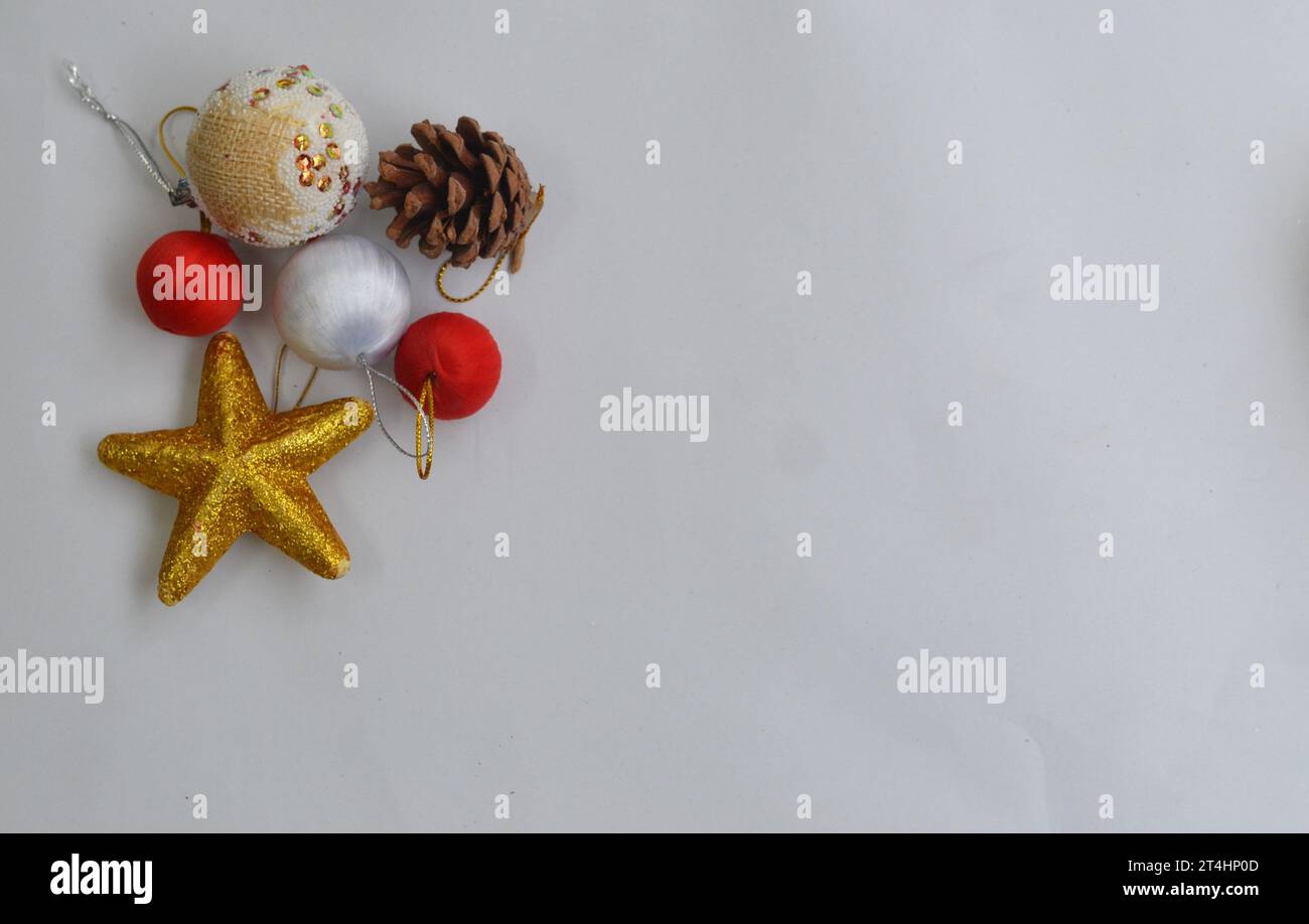 Xmas decorations or ornaments in white background with copy space Stock Photo