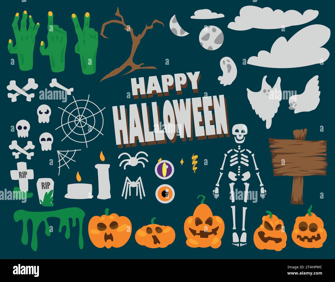 set halloween flat design, elements skull, skeleton, clouds, zombie hands, halloween elements Stock Vector