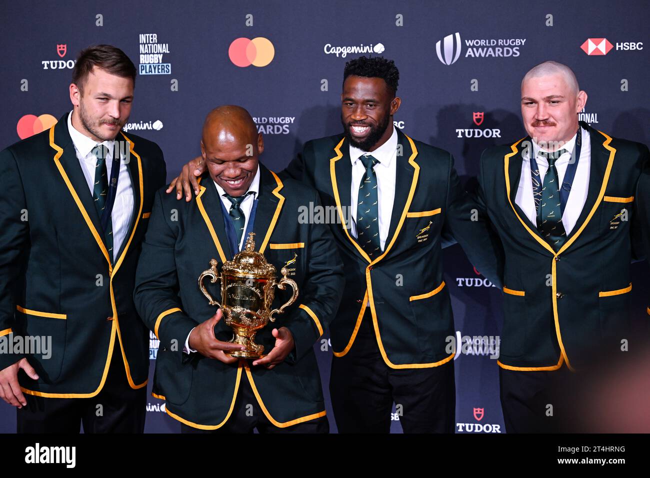 Paris, France. 29th Oct, 2023. Andre Esterhuizen Bongi Mbonambi Siya Kolisi and Jasper Wiese with the William Webb Ellis Cup during the World Rugby Awards at Opera Garnier on October 29, 2023 in Paris, France. Credit: Victor Joly/Alamy Live News Stock Photo