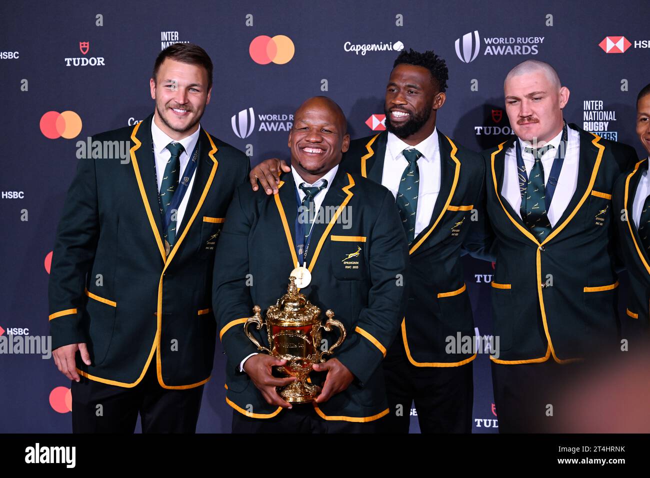 Paris, France. 29th Oct, 2023. Andre Esterhuizen Bongi Mbonambi Siya Kolisi and Jasper Wiese with the William Webb Ellis Cup during the World Rugby Awards at Opera Garnier on October 29, 2023 in Paris, France. Credit: Victor Joly/Alamy Live News Stock Photo