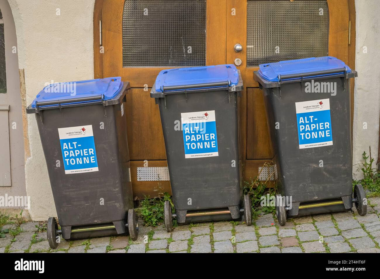 Altpapiertonnen, Tübingen, Baden-Württemberg, Deutschland Stock Photo