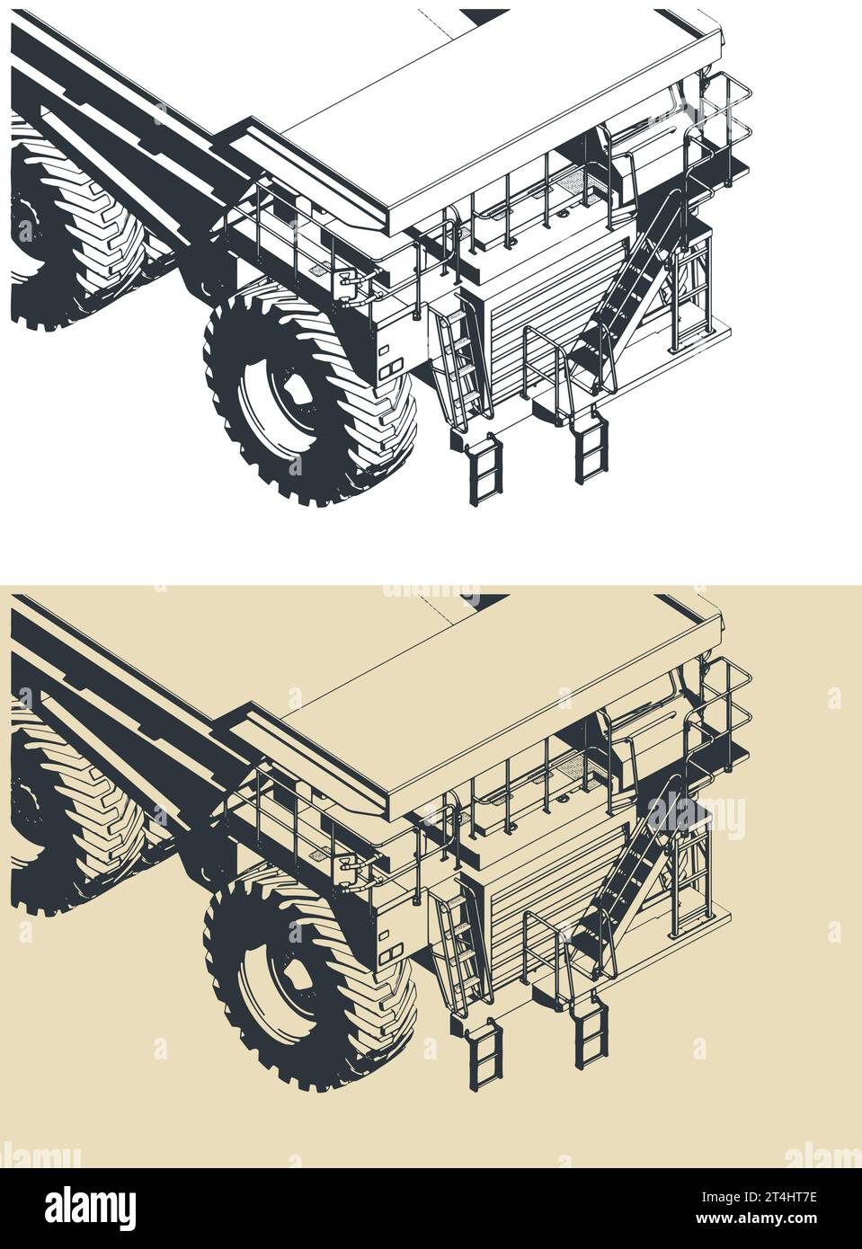 Stylized vector illustrations of huge mining dump truck close up Stock ...