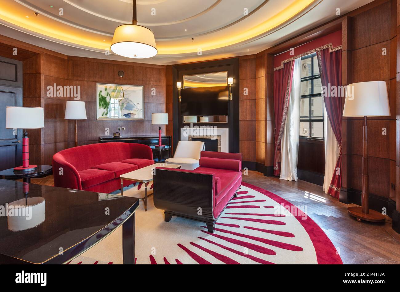 Corner hotel room suite at Raffles London Hotel, Whitehall, London, UK