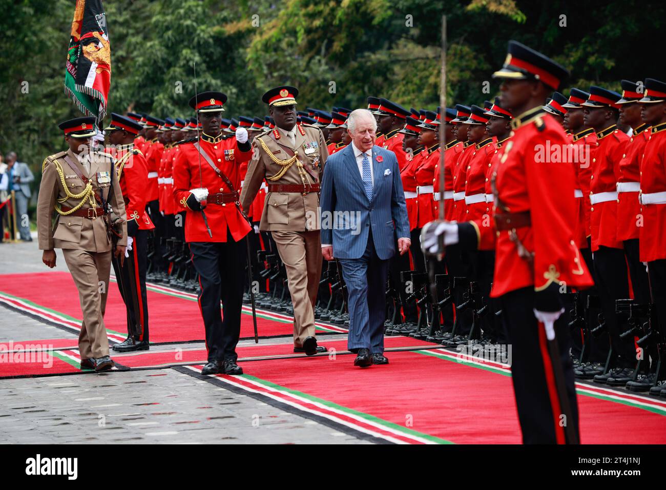 Nairobi, Kenya. 31st Oct, 2023. King Charles III inspects a guard of honor mounted by the Kenya Defense Forces during a welcoming ceremony at State House in Nairobi. King Charles III and Queen Camilla are in Kenya for a four day state visit under the invitation of president William Ruto. (Photo by John Ochieng/SOPA Images/Sipa USA) Credit: Sipa USA/Alamy Live News Stock Photo