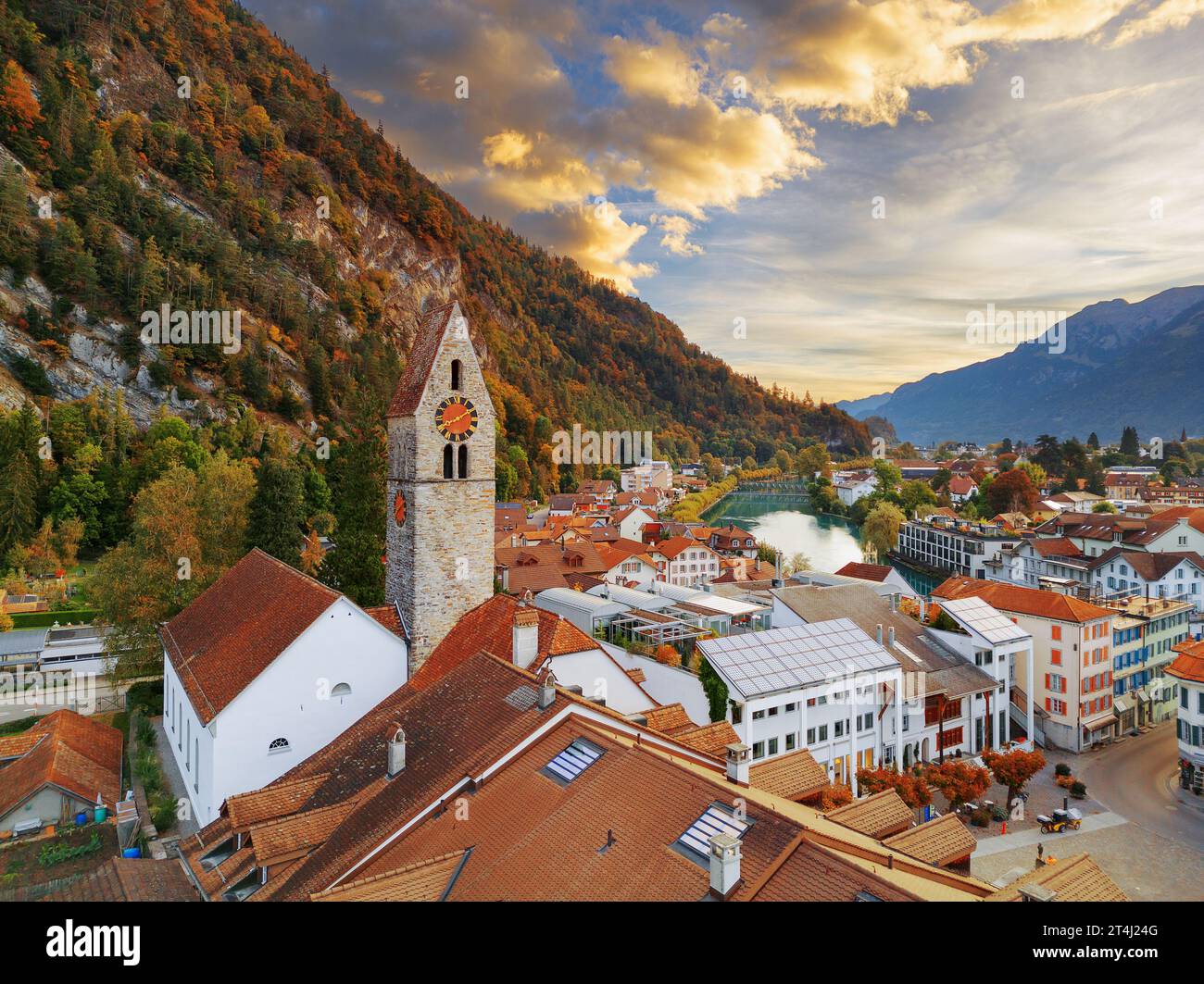 Interlaken, Switzerland from above the square at dawn. Stock Photo