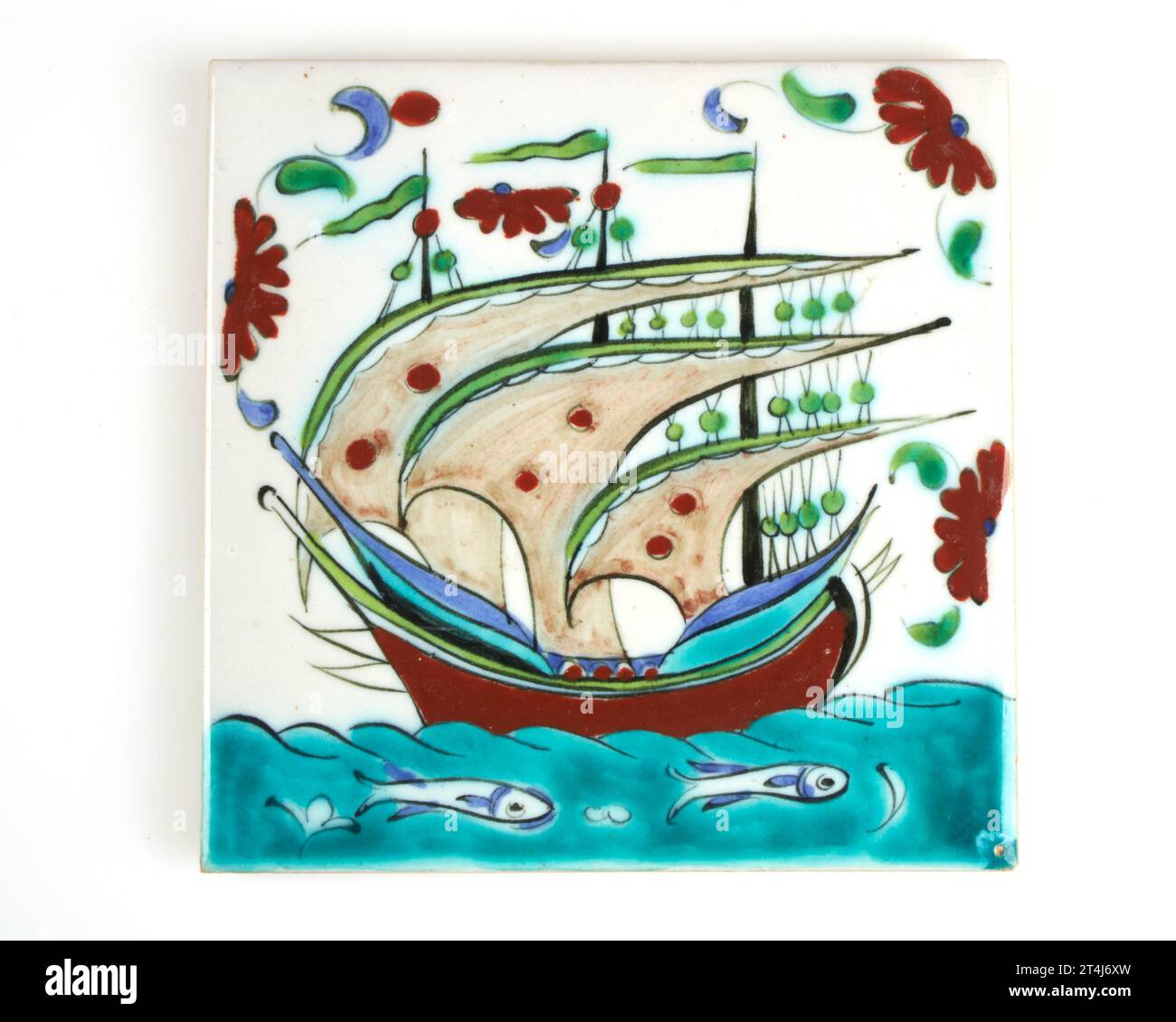 Vintage 1960s Ikaros Pottery, Greece trireme sailing vessel ship hand painted tile. No.3 Stock Photo