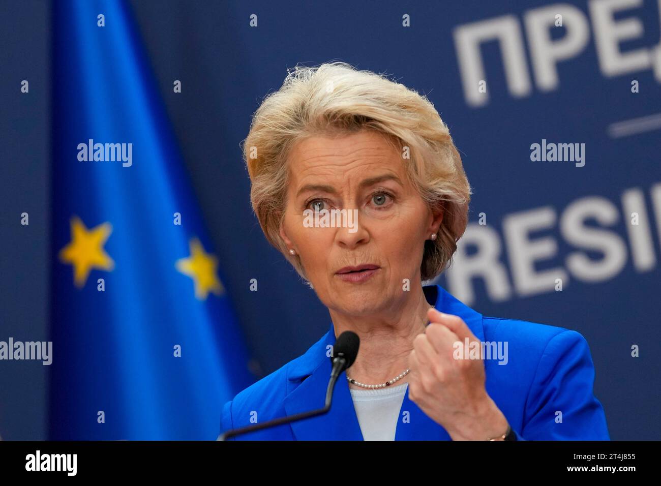 European Commission President Ursula von der Leyen speaks to the media ...