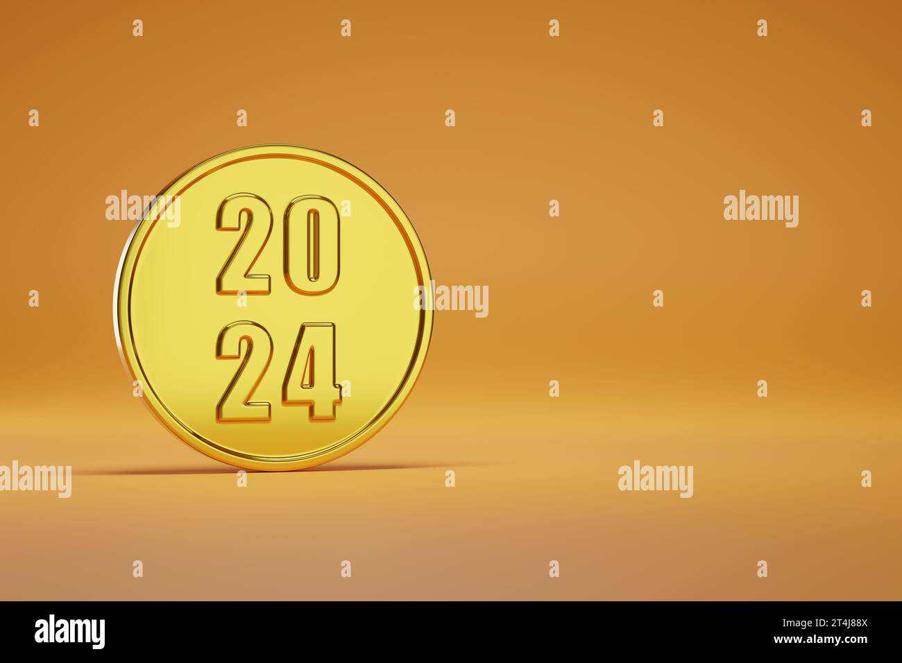 Golden coin with the number 2024 with copy space. 3d illustration. Stock Photo