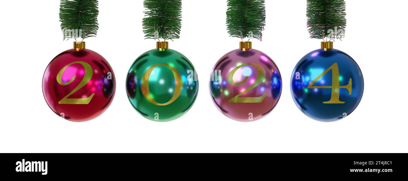 Christmas balls with the number 2024 isolated on white background. New