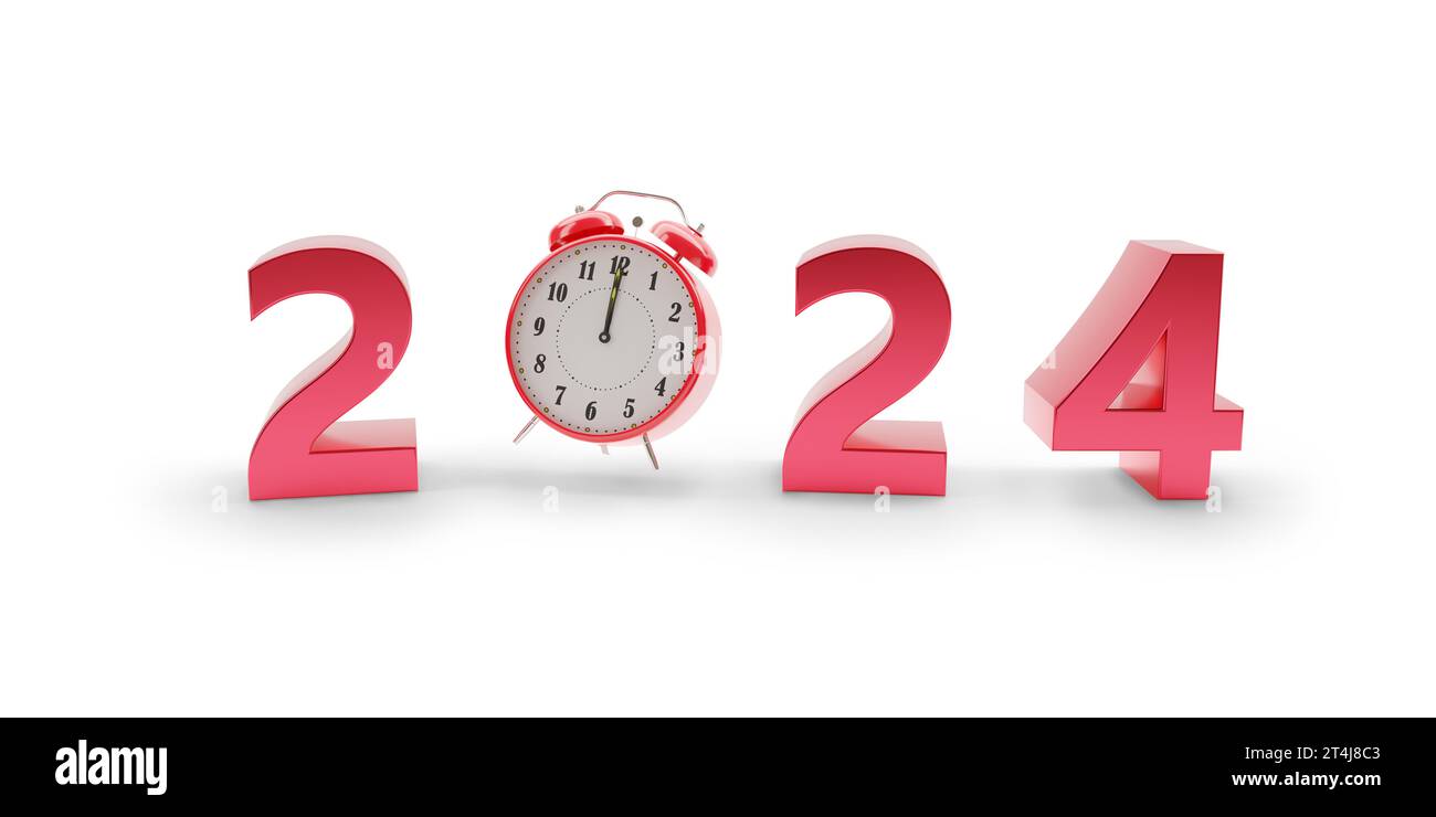 Year 2024 In Three Dimensions With Clock Isolated On White Background New Year Concept 3d Illustration 2T4J8C3 