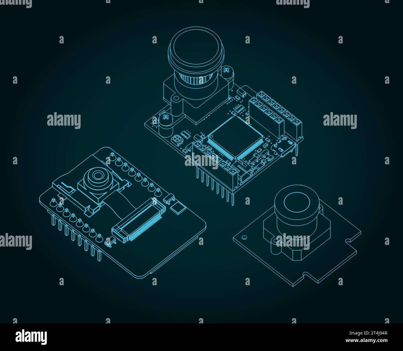 Stylized vector illustrations of drawings of different camera modules on circuit boards Stock Vector