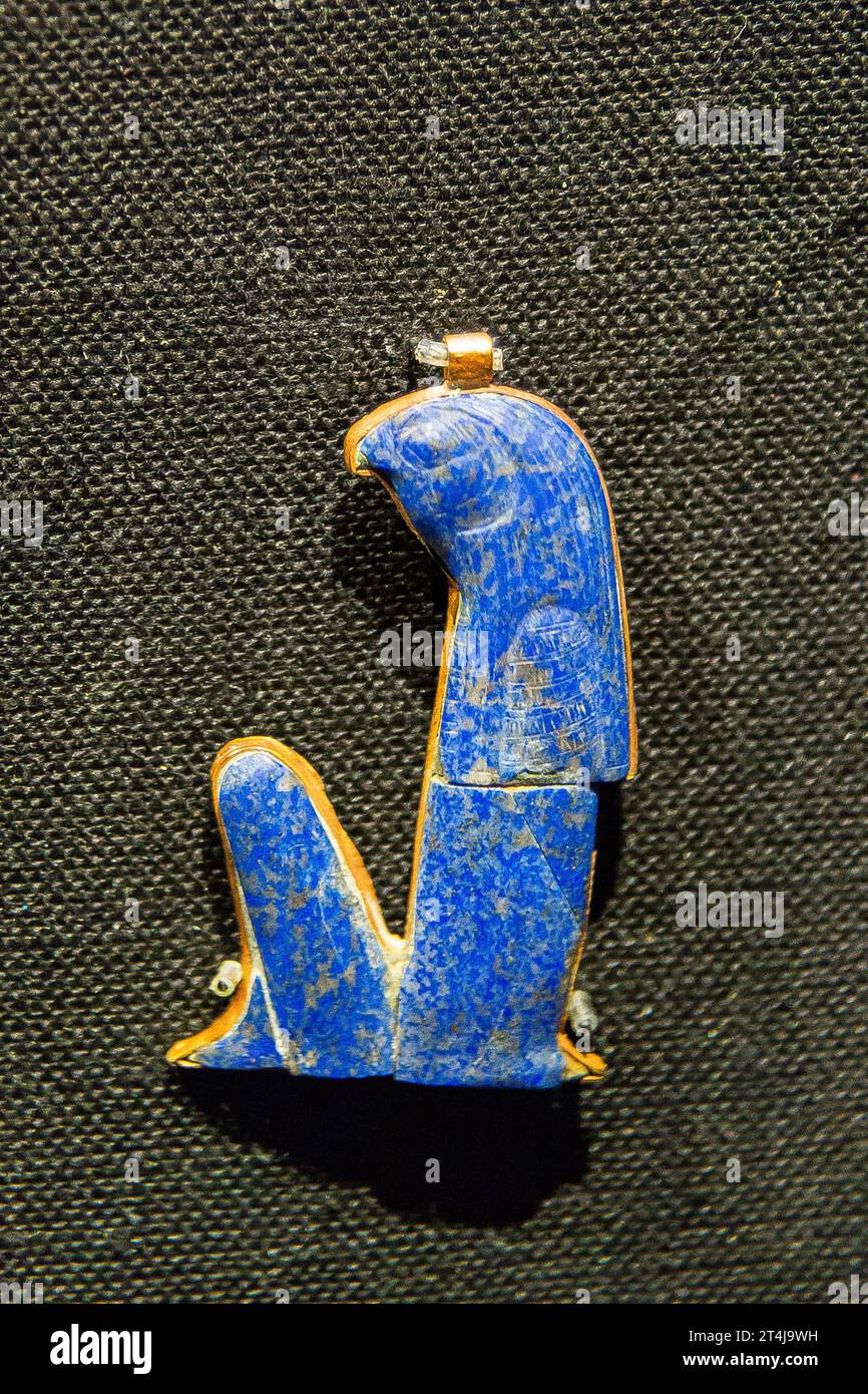 Egypt, Cairo, Tutankhamon jewellery, from his tomb in Luxor : Amulet in the shape of a Horus hawk, gold and lapis-lazuli. Stock Photo