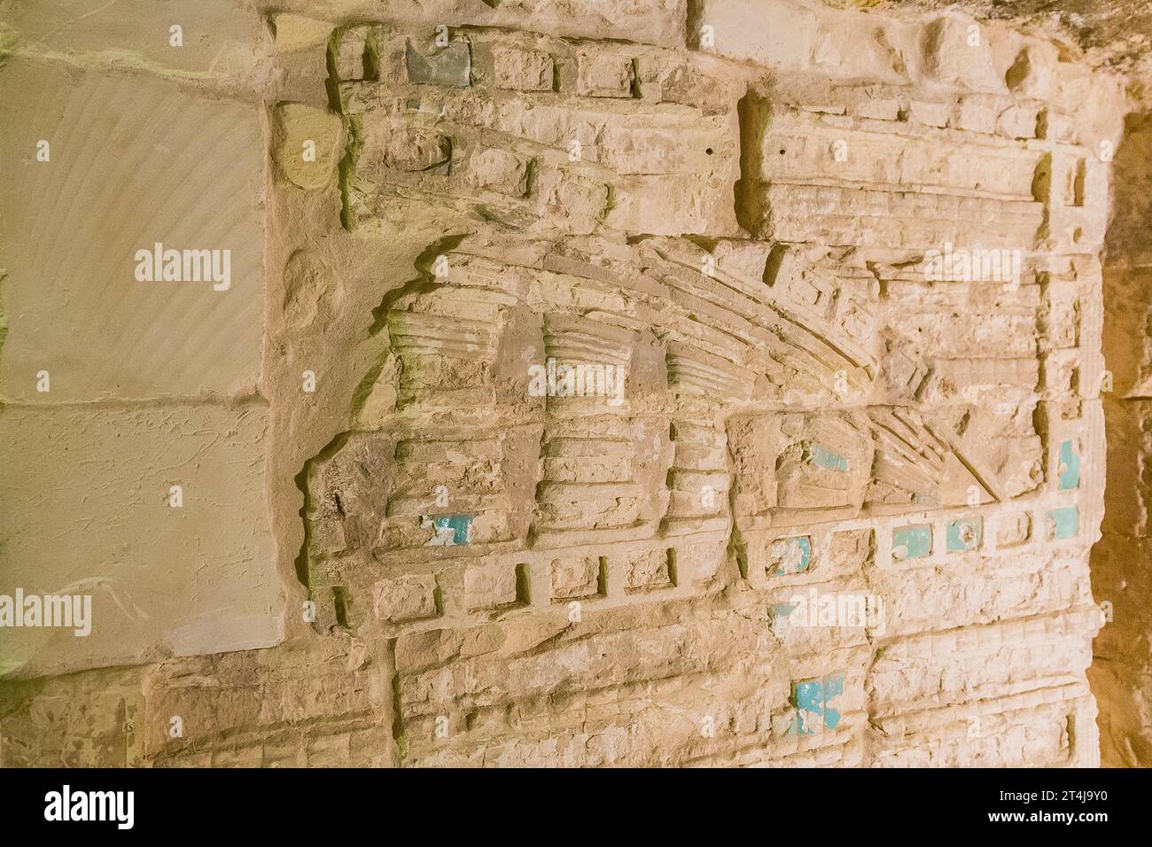 Egypt, Saqqara, Djoser pyramid, North Tomb, archs in blue faience tiles. The pillars are Djed signs (Djed pillars). Stock Photo