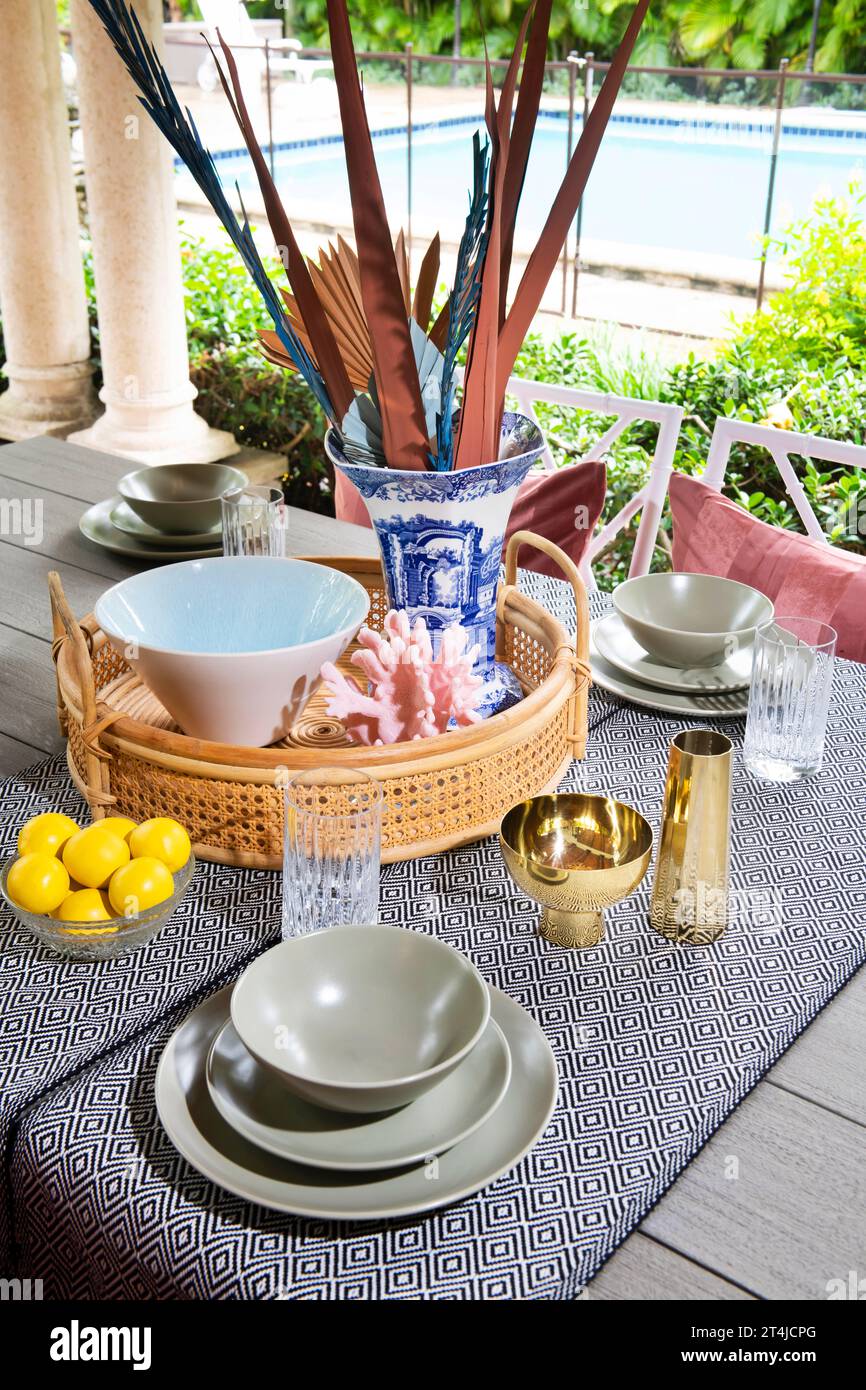 Dining table set for lunch Stock Photo