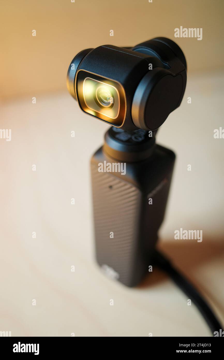 Small pocket gimbal camera for content creators, vertical, 4k Stock Photo