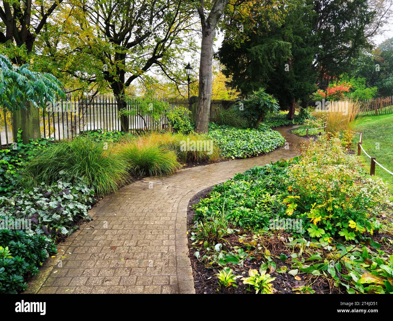 Paved path curving through planting in flowers beds in Museum Gardens City of York Yorkshire England Stock Photo