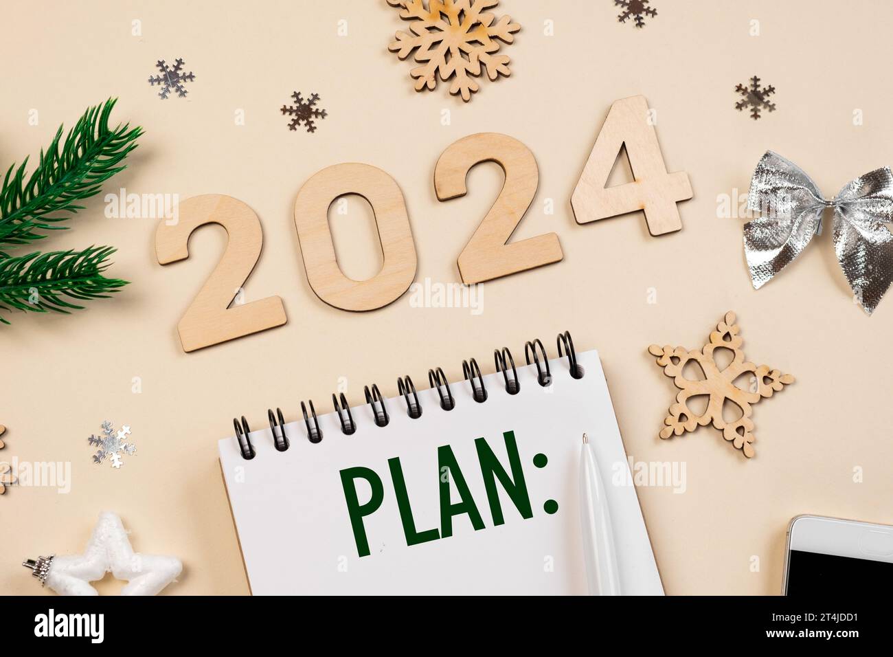 New Year Aims 2024. To Do List. Empty Notebook at the Desk with Holiday
