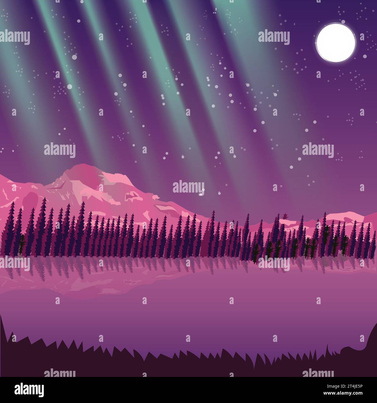 Aurora night snow mountains forest trees lake Vector Image Stock Vector