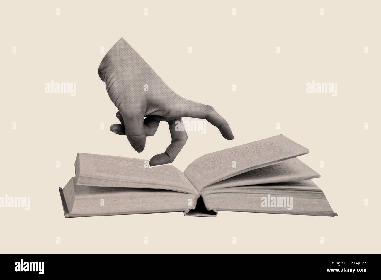 Creative abstract collage of library concept human fingers throwing letters open new encyclopedia studying isolated on beige background Stock Photo