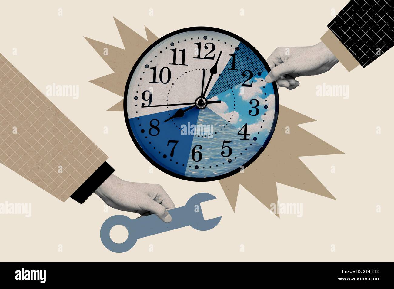 Creative composite template photo collage of hands holding wrench for repairing clock showing