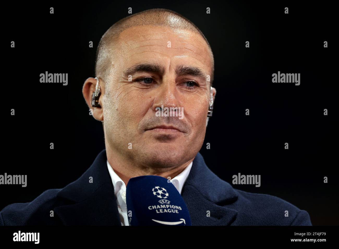 Paris, France. 25th Oct, 2023. World Cup Winner with Italy in 2006 Fabio Cannavaro is seen pitchside reporting for Amazon Prime prior tothe UEFA Champions League match at Le Parc des Princes, Paris. Picture credit should read: Jonathan Moscrop/Sportimage Credit: Sportimage Ltd/Alamy Live News Stock Photo