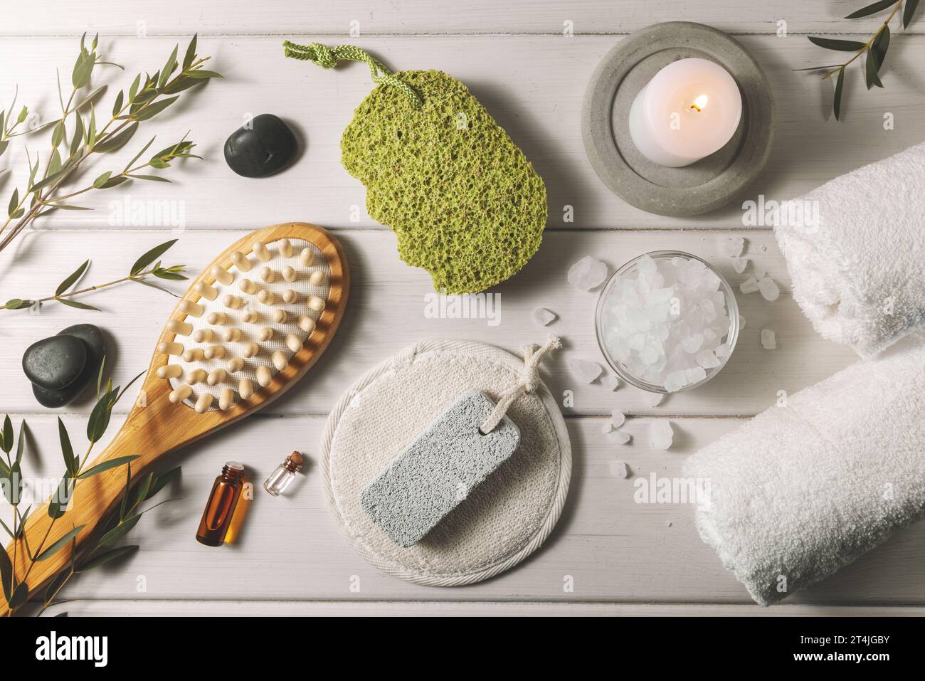 composition with group of bath items on white wooden table. spa and wellness centre. top view Stock Photo