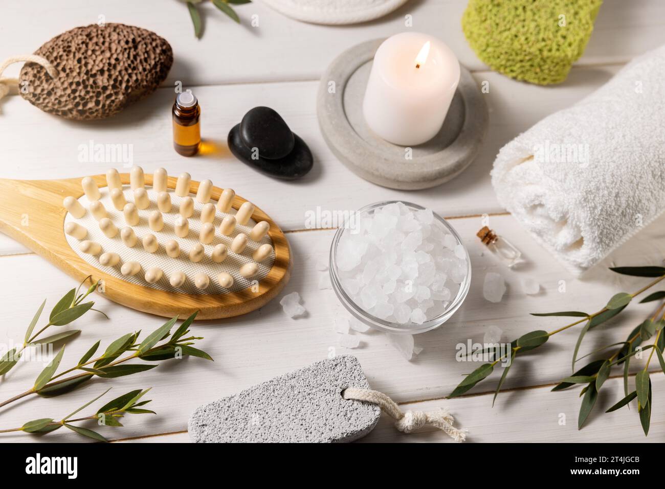 spa beauty treatment. group of skin care items on white wooden table Stock Photo