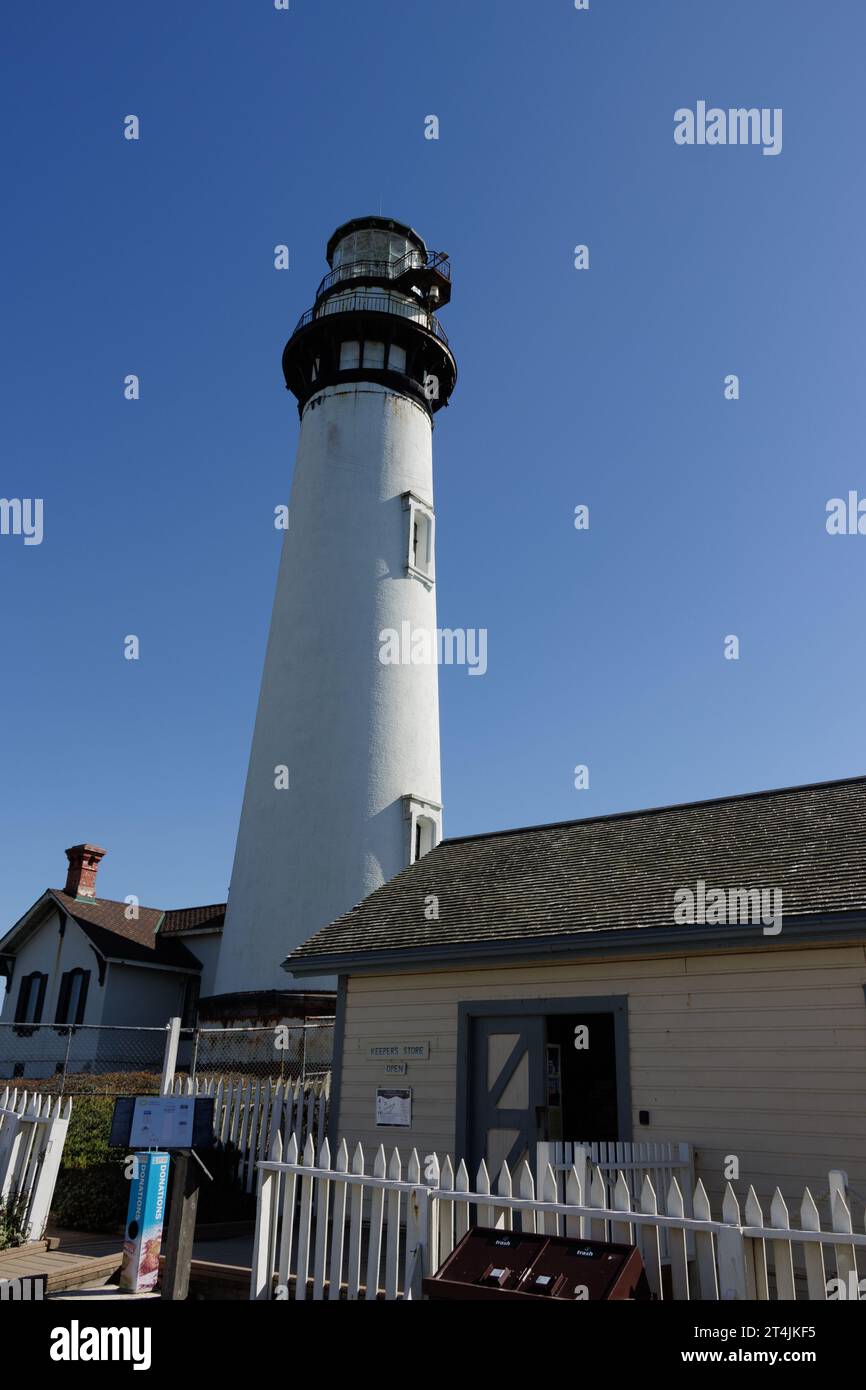 Perched on a cliff on the central California coast, the 115-foot Pigeon Point Lighthouse is one of the tallest lighthouses in America.Pescadero Stock Photo