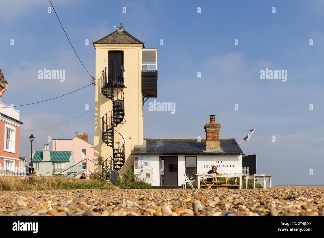 The South Lookout building on Aldeburgh beach on a sunny day. Stock Photo