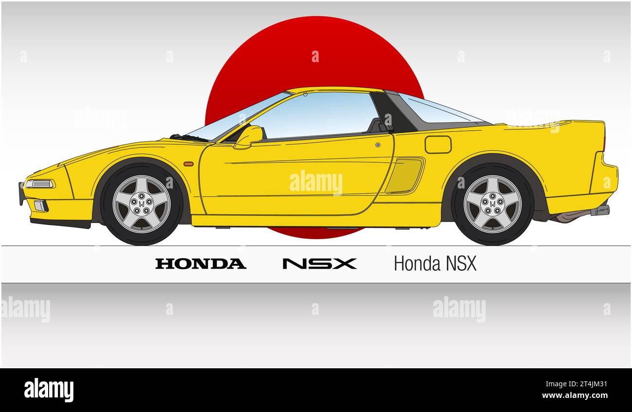 Japan, year 1990, Honda NSX sport car silhouette outlined with the national flag on background, vintage classic car, coloured illustration Stock Photo