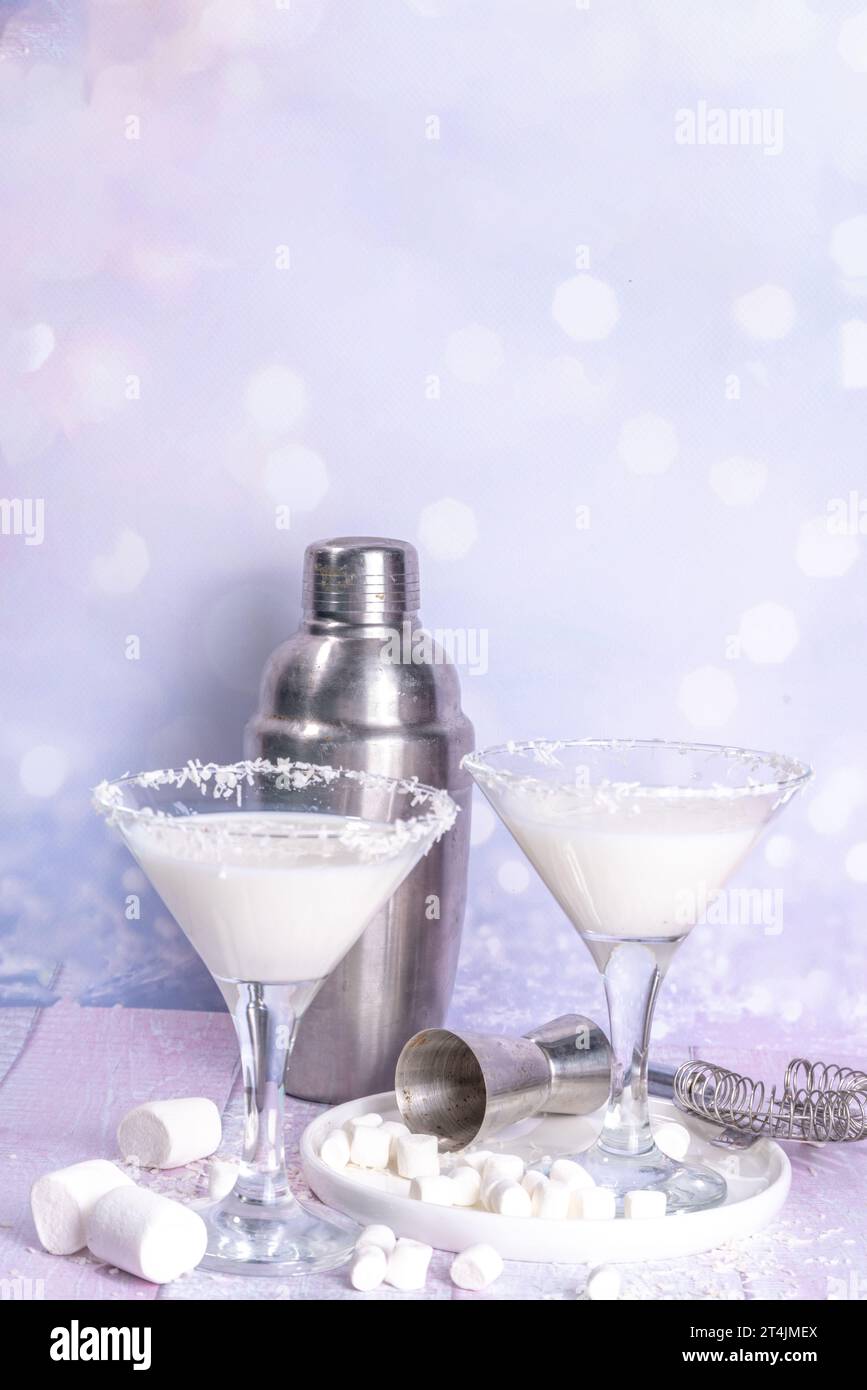 Cottontail Martini, sweet cute white martini alcohol cocktail, with marshmallow, marshmallow