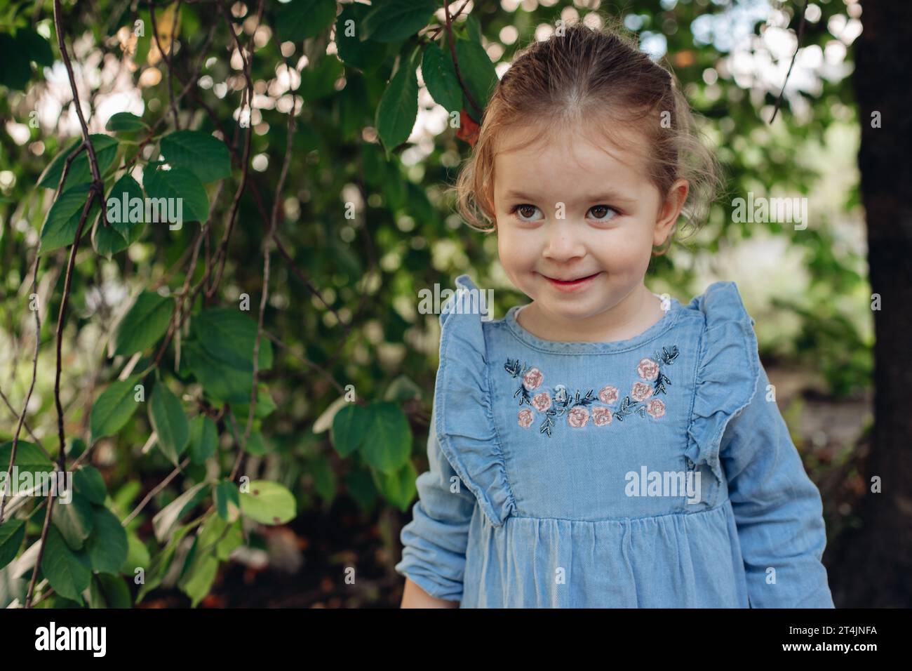 child walks in the park. little girl dressed in a blue dress. a walk in ...