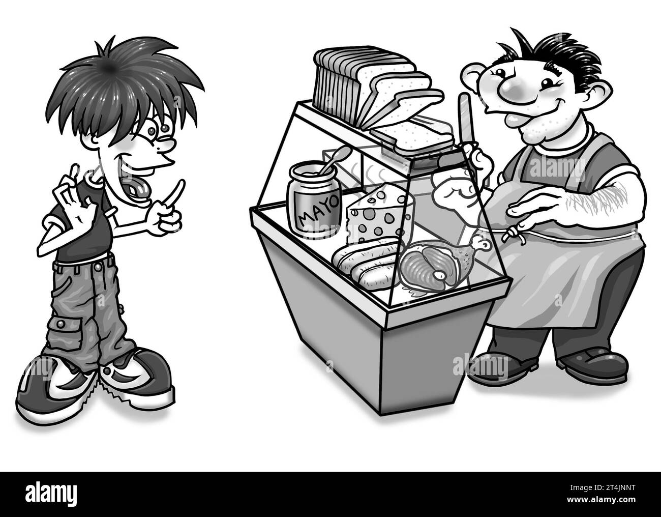Black & white art of young man/boy at deli counter, sandwich shop, slices of bread, cheese, ham, mayonnaise, finger buns in illustration suit menu Stock Photo