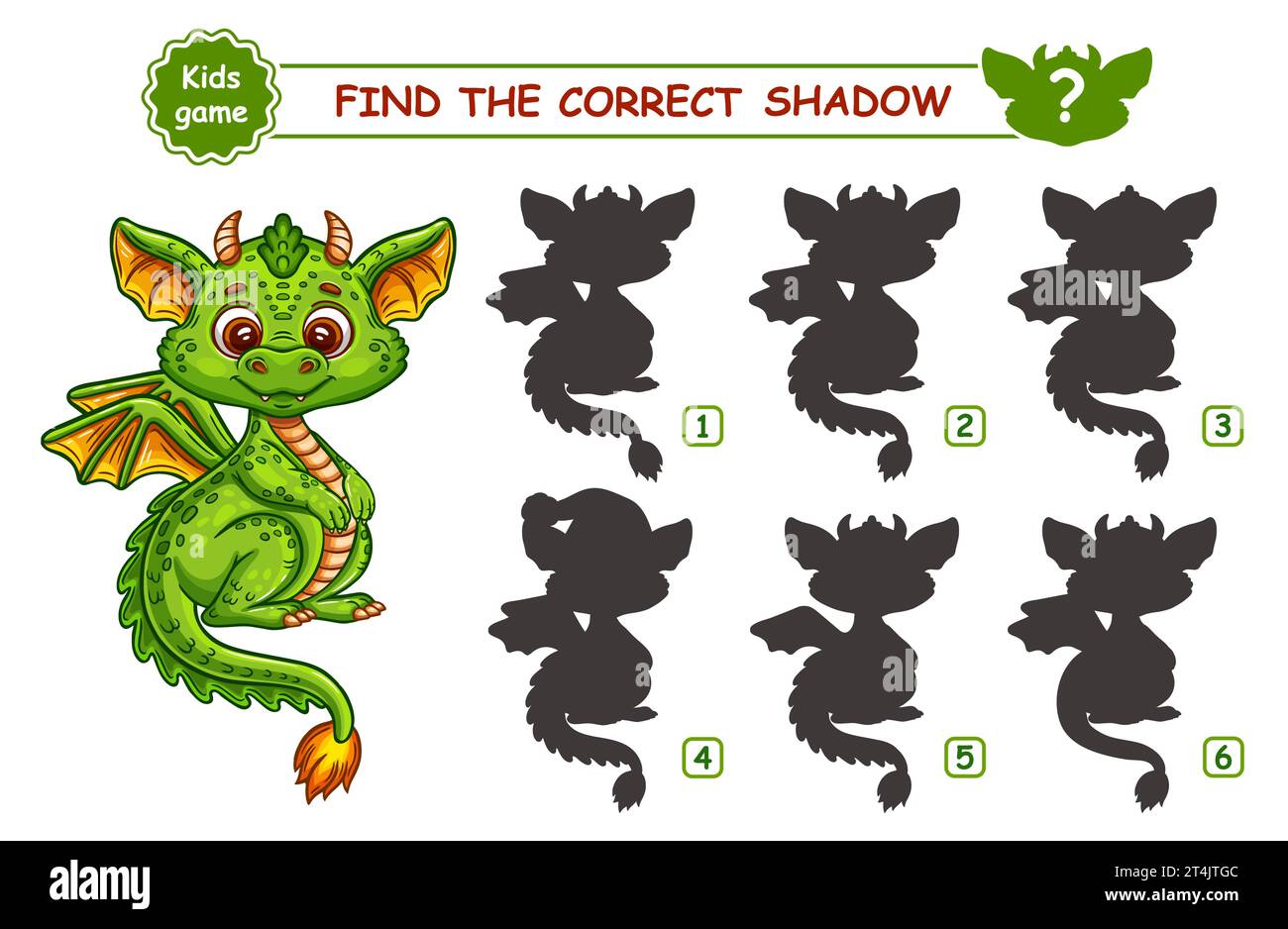 Cute fantasy dragon monster, dinosaur, find correct shadow shape. Children education puzzle matching game. Fairy fire lizard animal character. Vector Stock Vector